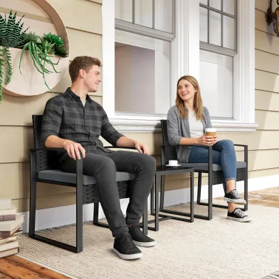 Rattan-Gartenmöbel-Set | 2 Stühle &amp; Glastisch | Grau