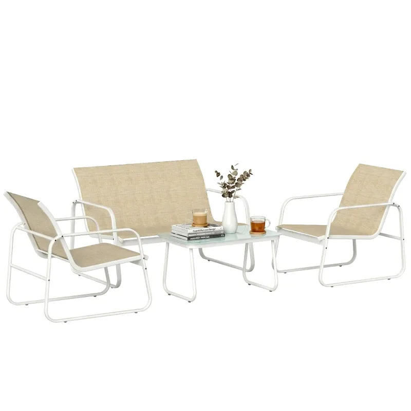 Garten-Set 4-teilig | Sofa, Sessel &amp; Tisch | Khaki+Weis