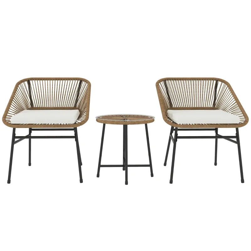 Gartenmöbelset 3-teilig | PE-Rattan Stühle &amp; runder Tisch | Naturholz, Beige, Schwarz