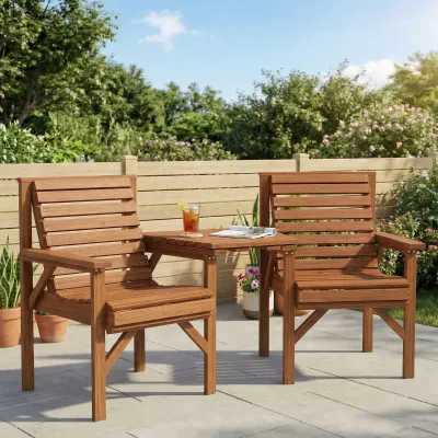 Balkon / Garten-Set 3-teilig aus Holz | Lamellendesign &amp; Sonnenschirmloch | Carbonisiert