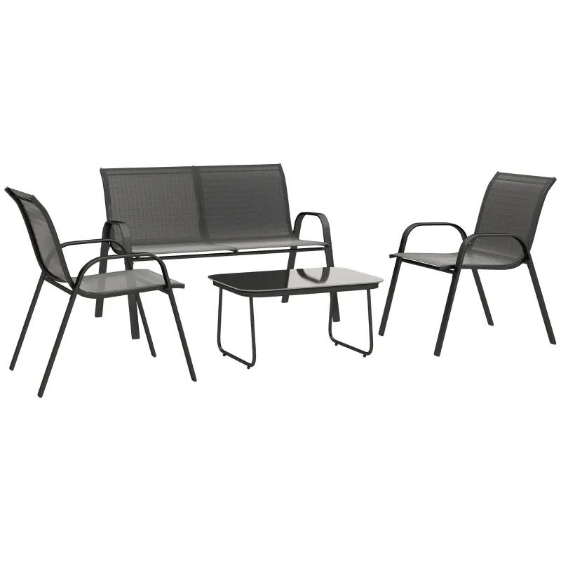 Garten-Set | Zweisitzer-Sofa, 2 stapelbare Sessel &amp; Glastisch | Schwarz