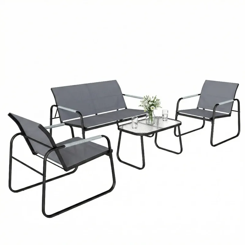 Gartenset für Aussenbereich | 2-Sitzer Sofa, 2 Sessel &amp; Glastisch | Grau