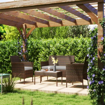 Rattan-Gartenmöbel-Set | Sofa, Sessel & Glastisch mit Kissen | Braun+Grau