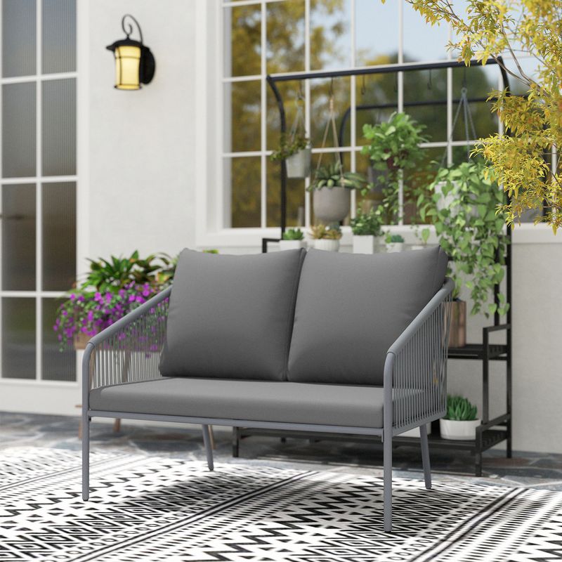Rattan-Gartensofa mit Kissen | 2-Sitzer Sofa Lounge Outdoor | Grau