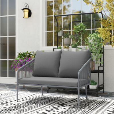 Rattan-Gartensofa mit Kissen | 2-Sitzer Sofa Lounge Outdoor | Grau