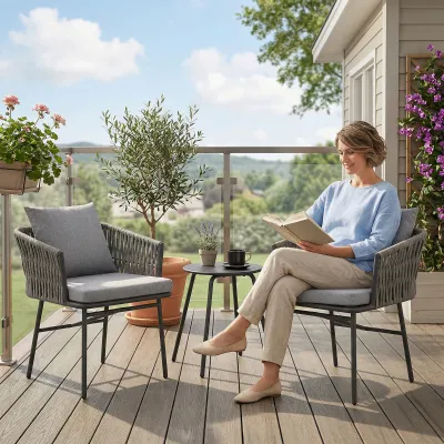Rattan-Aussenmöbel-Set 3-teilig | 2 Stühle, 1 Tisch &amp; 4 Kissen | Grau
