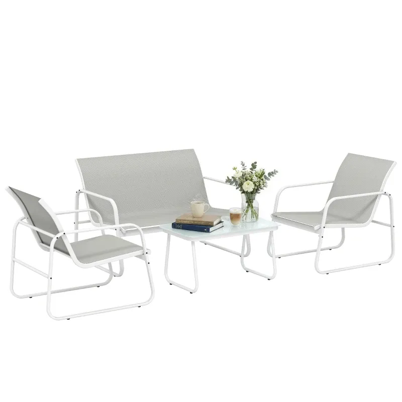 Gartenmöbel-Set 4-teilig | 2-Sitzer-Sofa, 2 Sessel &amp; Glastisch | Hellgrau