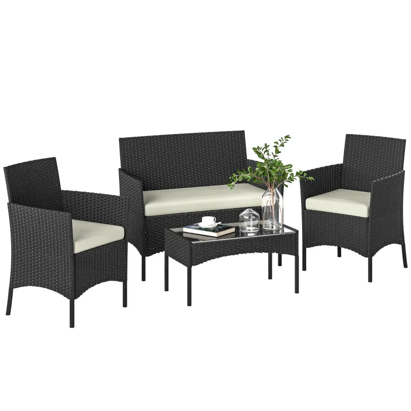 Rattan-Gartenmöbel-Set | Sofa, Sessel &amp; Glastisch mit Kissen | Schwarz+Creme