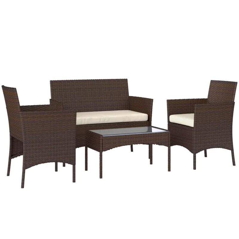 Rattan-Gartenmöbel-Set 4-teilig | Sofa, 2 Stühle &amp; niedriger Tisch | Beige+Braun