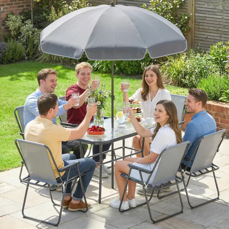 Gartenmöbel Set Sitzgruppe 6 Personen | Glastisch & 6 Klappstühle | Grau
