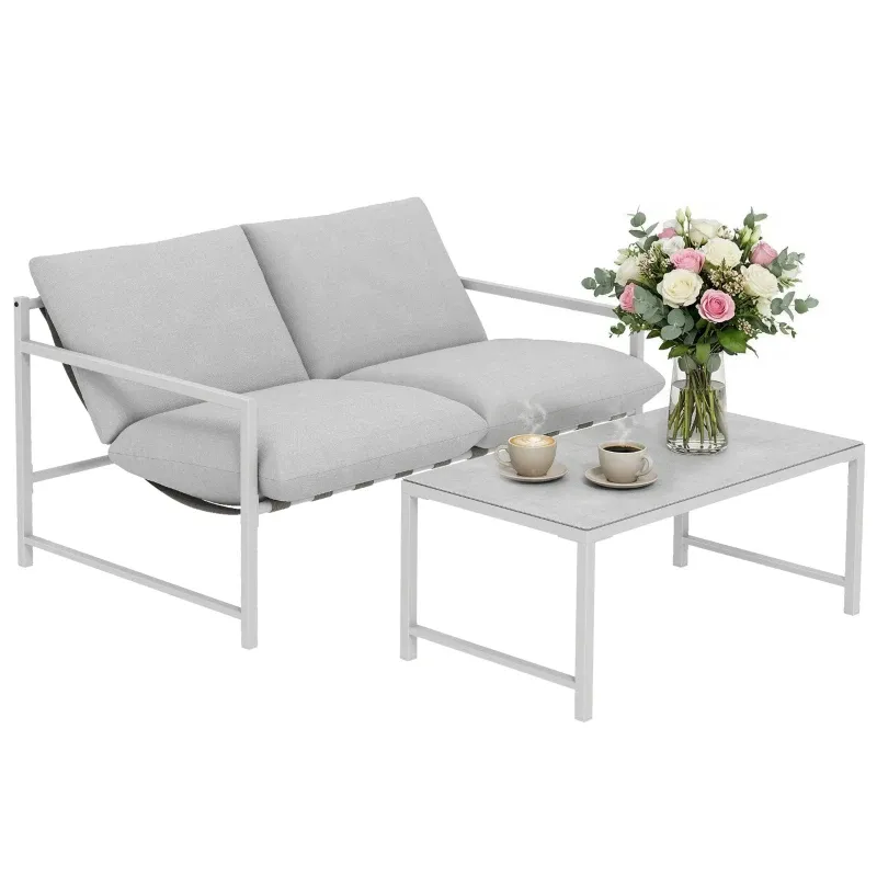 Garten-Set 2-teilig | Sofa mit Kissen &amp; Couchtisch | Hellgrau