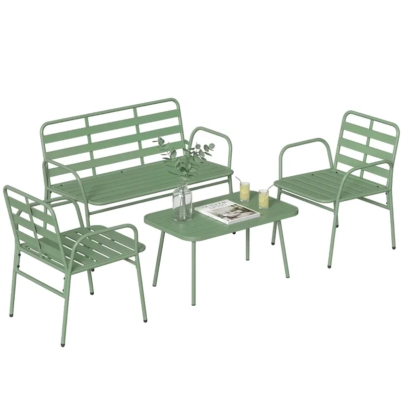 Outdoor-Gartenmöbel Stahl 4-teilig | 2-Sitzer-Sofa, 2 Sessel &amp; Couchtisch | Grün