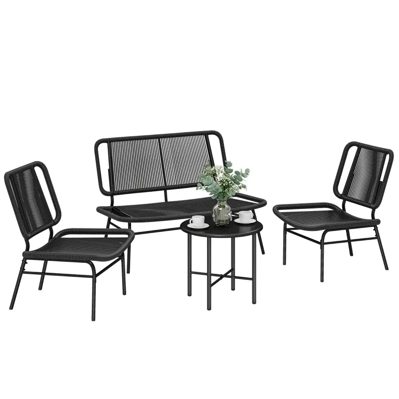 Rattan-Gartenmöbel-Set 4-teilig | Outdoor-Sofa &amp; Metall-Couchtisch | Schwarz