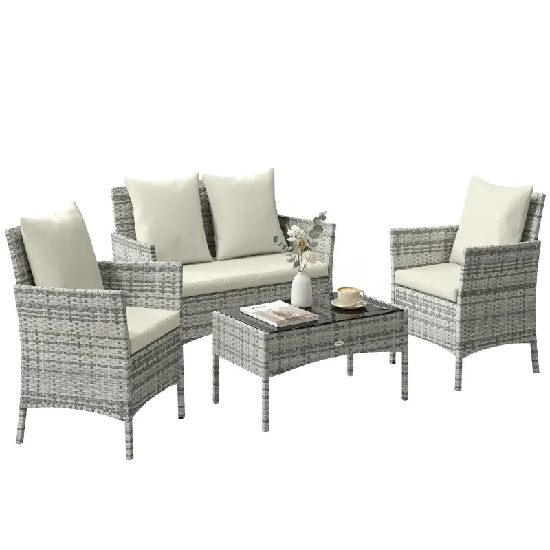 Rattan-Garten-Loungeset 4-teilig | 2-Sitzer-Sofa, 2 Stühle &amp; Couchtisch | Grau