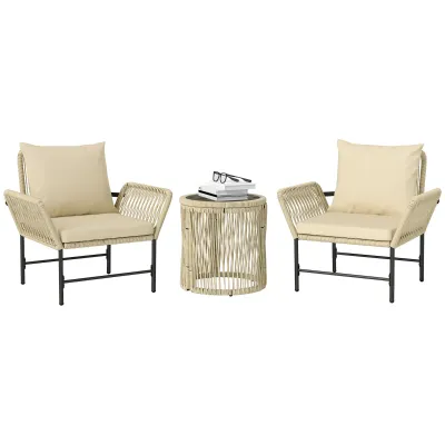 Polyrattan Gartenmöbel Set 2 Personen | 2 Stühle, Beistelltisch &amp; Sitzkissen | Khaki+Beige+Schwarz