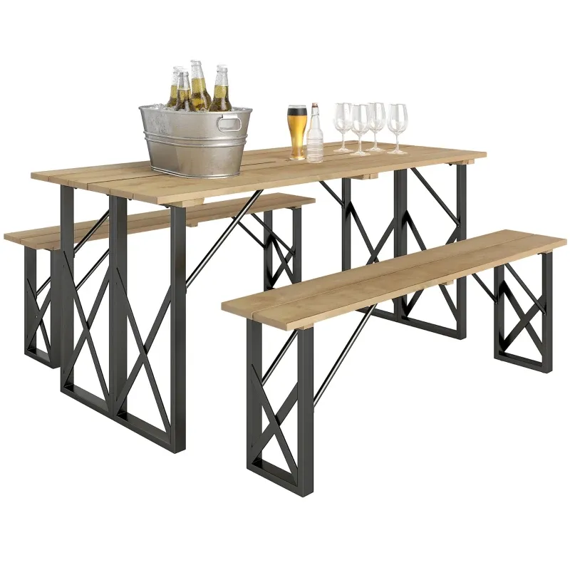 Holztisch und Bänke Set | Holzpicknicktisch mit Bänken für 6 bis 8 | Braun