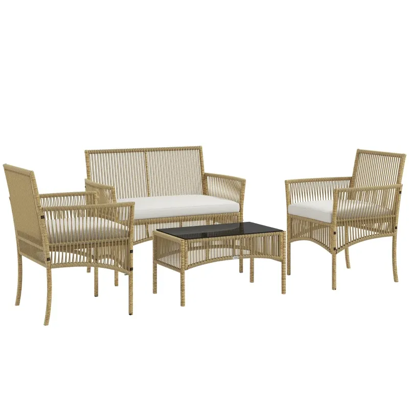 Rattan Garten Lounge Set 4-teilig | Sofa 2-Sitzer, 2 Sessel &amp; Couchtisch | Naturfarben+Weiss+Schwarz
