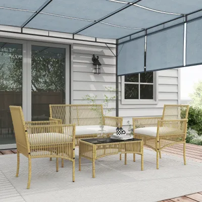 Rattan Garten Lounge Set 4-teilig | Sofa 2-Sitzer, 2 Sessel & Couchtisch | Naturfarben+Weiss+Schwarz