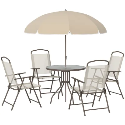 Gartenmöbelset 6-teilig | Runder Tisch, 4 klappbare Stühle & Sonnenschirm | Braun+Beige Gartenmöbelset 6-teilig | Runder Tisch, 4 klappbare Stühle & Sonnenschirm | Braun+Beige