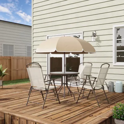 Gartenmöbelset 6-teilig | Runder Tisch, 4 klappbare Stühle & Sonnenschirm | Braun+Beige