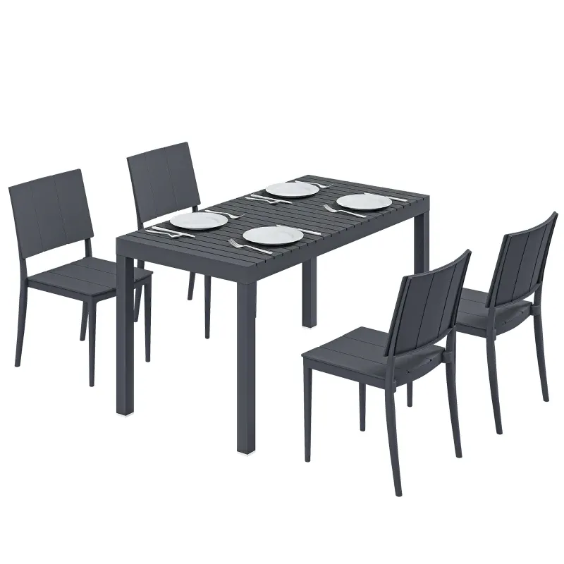 Gartenmöbel Set Sitzgruppe 5-teilig | Breiter Tisch &amp; 4 Stapelstühle | Dunkelgrau