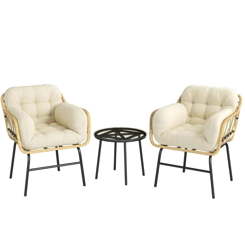 Gartenmöbel-Set Polyrattan 3-teilig | Glastisch &amp; 2 Sessel mit Kissen | Khaki