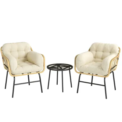 Gartenmöbel-Set Polyrattan 3-teilig | Glastisch &amp; 2 Sessel mit Kissen | Khaki