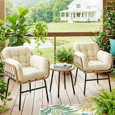 Gartenmöbel-Set Polyrattan 3-teilig | Glastisch &amp; 2 Sessel mit Kissen | Khaki
