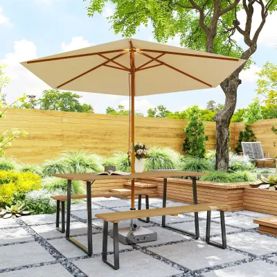 Bierzeltgarnitur 3-teilig Holz | Essgruppe 6 Personen & Schirmloch | Naturholz