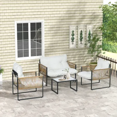 Rattan-Gartenmöbel-Set 4-teilig | Sofa 2-Sitzer, 2 Sessel & Couchtisch | Creme