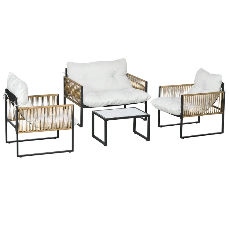 Rattan-Gartenmöbel-Set 4-teilig | Sofa 2-Sitzer, 2 Sessel &amp; Couchtisch | Creme