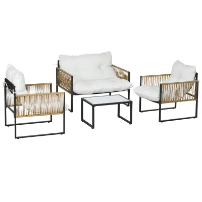 Rattan-Gartenmöbel-Set 4-teilig | Sofa 2-Sitzer, 2 Sessel &amp; Couchtisch | Creme