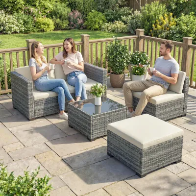 Rattan Gartenmöbel Set 5-teilig | Lounge Set mit Ecksofa, Hocker & Tisch | Grau+Cremeweiss
