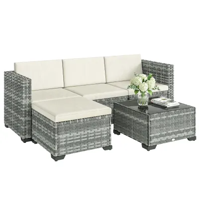 Rattan Gartenmöbel Set 5-teilig | Lounge Set mit Ecksofa, Hocker &amp; Tisch | Grau+Cremeweiss