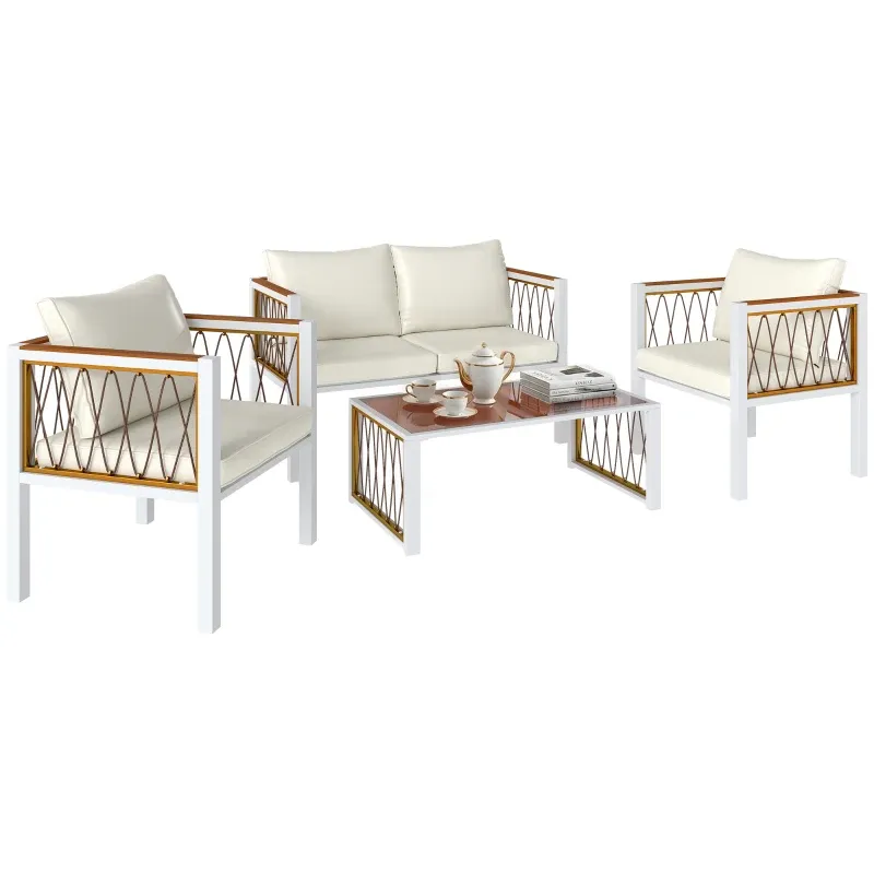 Rattan-Gartenmöbel Set 4-teilig | Lounge-Set mit Zweisitzer, 2 Sessel &amp; Glastisch | Cremeweiss+Weiss+Braun