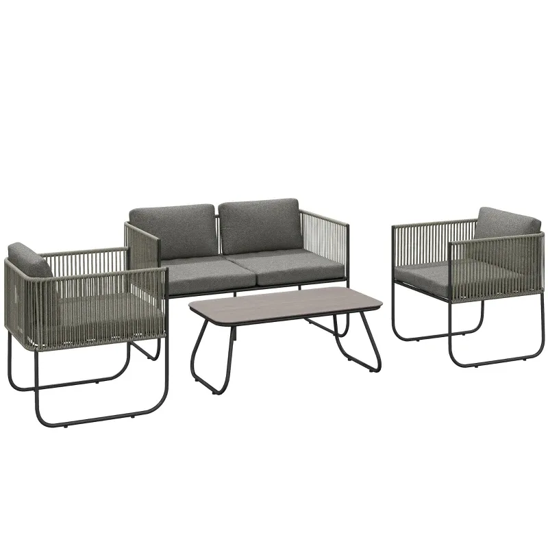 Gartenmöbel Set Polyrattan | Lounge-Set mit Sofa, Sessel &amp; Tisch | Braun+Dunkelgrau