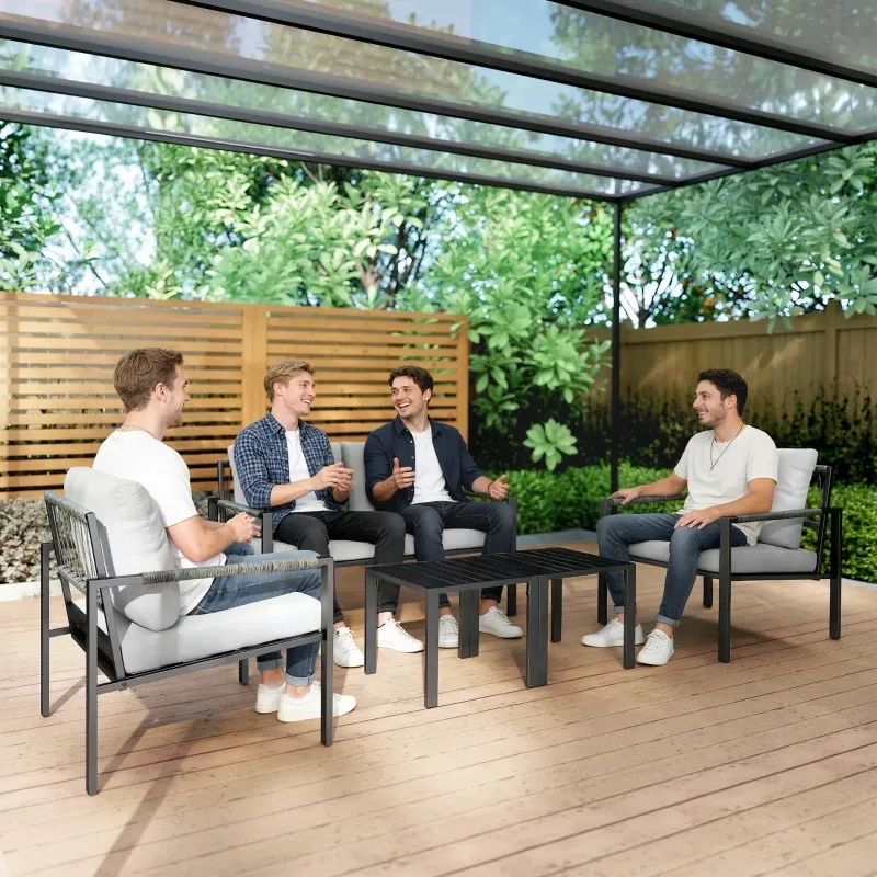 Gartenmöbel Set 4 Personen wetterfest | 2er Sofa, Sessel & Sitzkissen | Hellgrau