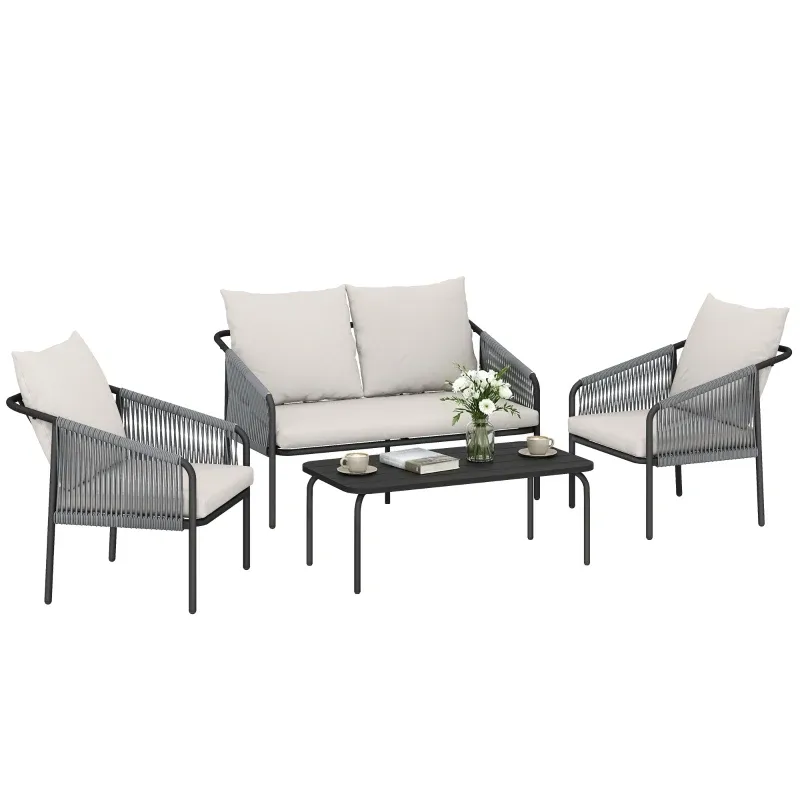 Rattan Gartenmöbel Set 4-teilig | Lounge-Set mit Zweisitzer, 2 Sessel &amp; Couchtisch | Khaki+Hellgrau+Schwarz