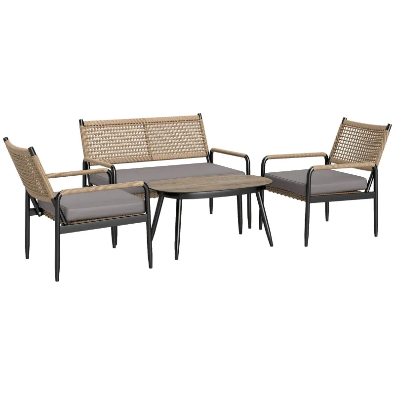 Rattan-Gartenmöbel Set | Lounge-Set mit 2er Sofa, Sessel &amp; Glastisch | Dunkelgrau+Gelb