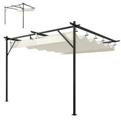 Wand-Pergola, Pavillon 3x3 m mit Schiebedach und Entwässerungsöffnungen | Creme