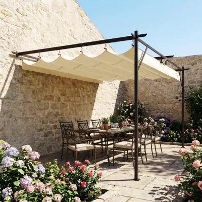 Terrassendach Pergola Pavillon ca. 4x3m | Verstellbares Dach & Wandmontage | Cremeweiss
