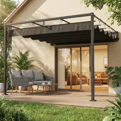 Wand-Pergola, Pavillon für Garten 3x3 m | Einziehbares Dach UPF30+ Schutz | Grau