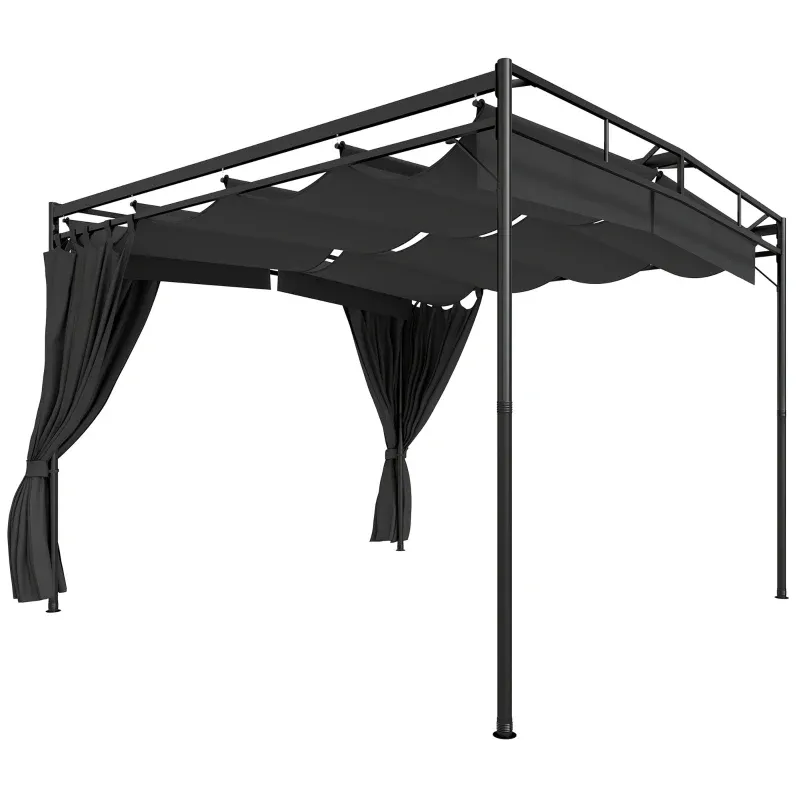 Pergola, Pavillon 3 x 3 m mit Vorhängen | Metall-Gartenüberdachung | Dunkelgrau
