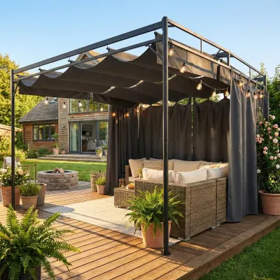 Pergola, Pavillon 3 x 3 m mit Vorhängen | Metall-Gartenüberdachung | Dunkelgrau