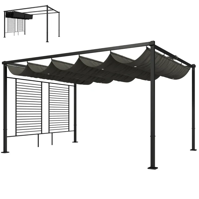 Pergola, Pavillon 3,87 x 2,97 m | Terrassenüberdachung mit Schiebedach &amp; 2 Sichtschutz | Dunkelgrau