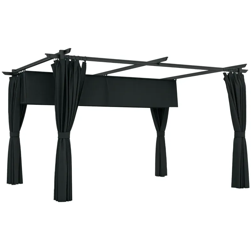 Einziehbare Pergola, Pavillon 4x3m | Aluminium Metall mit Vorhang und Schiebedach | Dunkelgrau