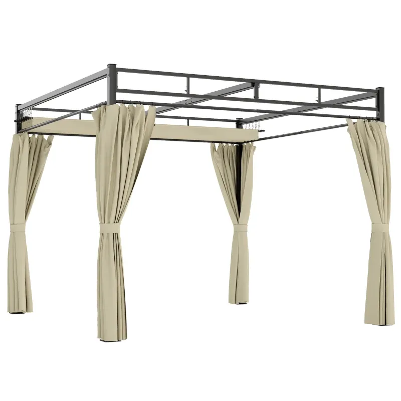 Gartenpergola, Pavillon 3x3 m mit verstellbarem Dach und Vorhängen | Beige
