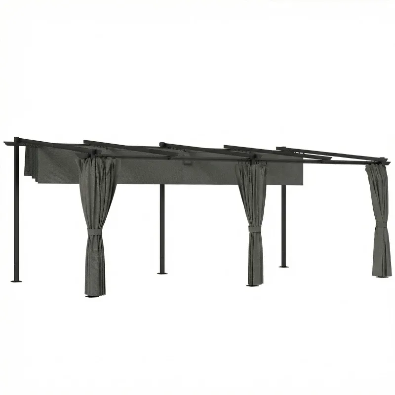 Grosse Pergola mit seitlichen Vorhängen | Metall-Gartenpavillon mit Sonnenschutz UPF30+ | Dunkelgrau 582 x 292 x 230 cm