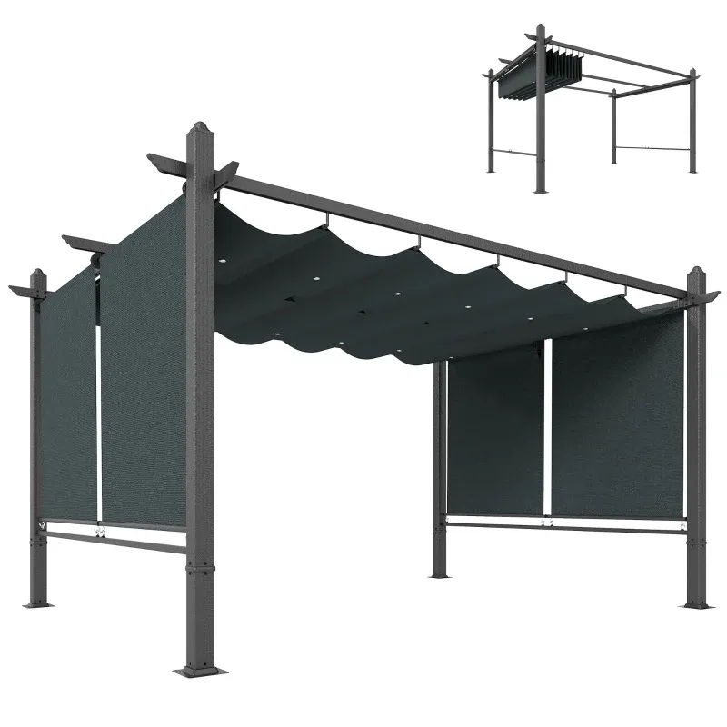 Pergola, Pavillon 3 x 4 m Terrassenüberdachung mit Schiebedach | Automatisch einziehbare Rollos &amp; UV50+ | Dunkelgrau