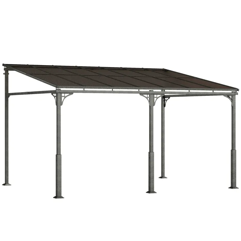 Anbaupavillon, Pergola 4 x 3m Terrassenüberdachung mit schrägen Polycarbonat-Dach | Wandmontage | Braun+Dunkelgrau